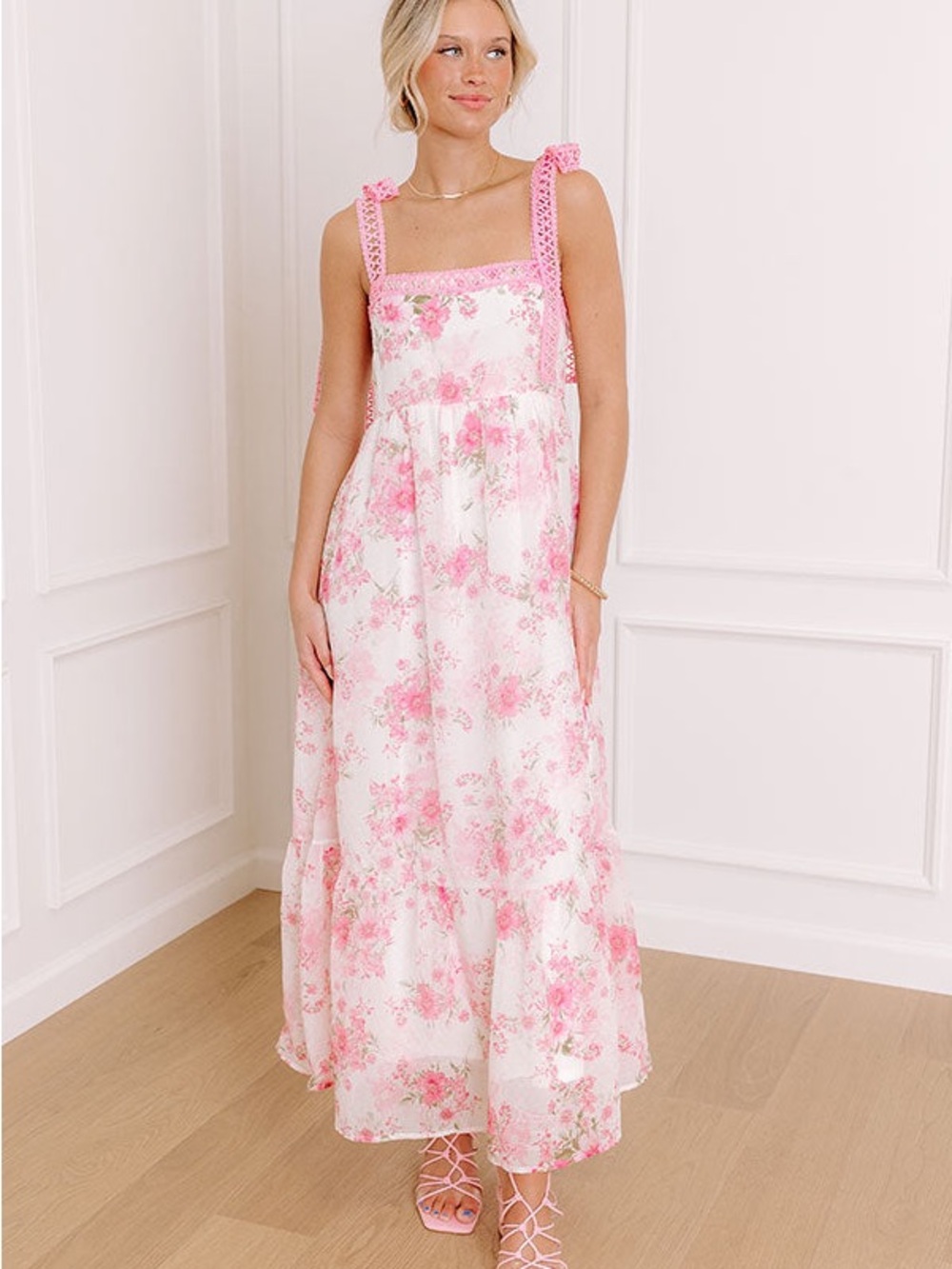 In the River Pink Floral Tie-Strap Maxi Dress
